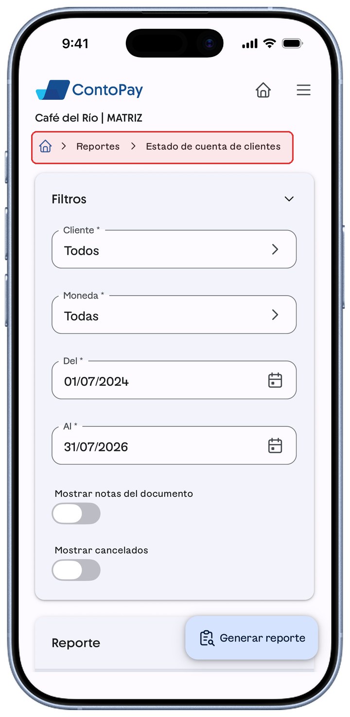 Reporte Estado de cuenta de clientes de ContoPay con la migaja resaltada en rojo.
