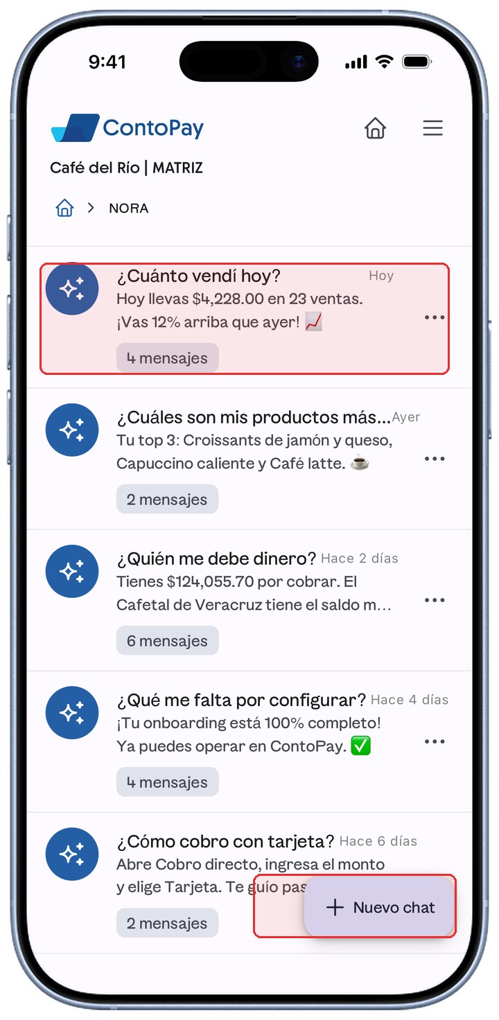 Pantalla NORA de ContoPay con un chat de ejemplo y el botón Nuevo chat resaltados en rojo.