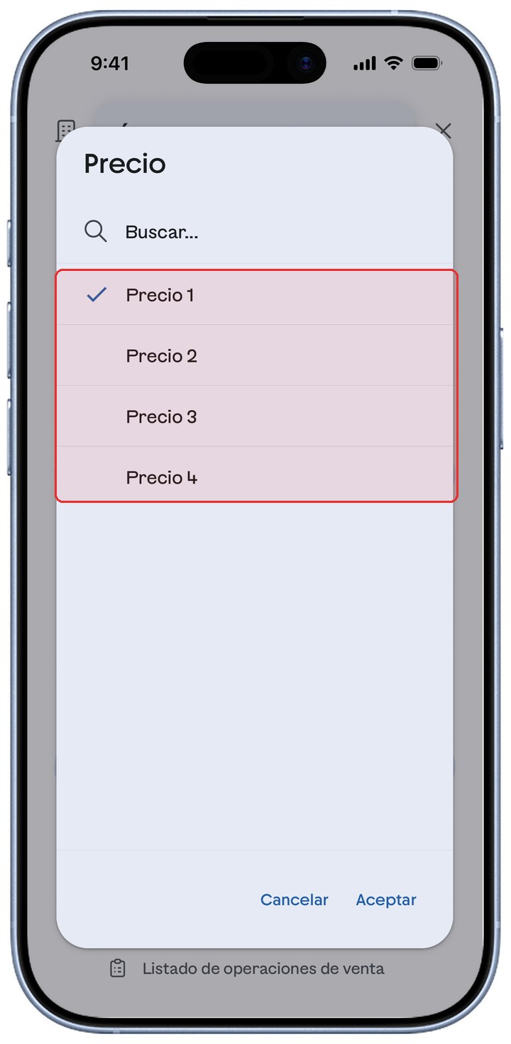 Selector de Precio de ContoPay con los niveles Precio 1 a Precio 4 resaltados en rojo.