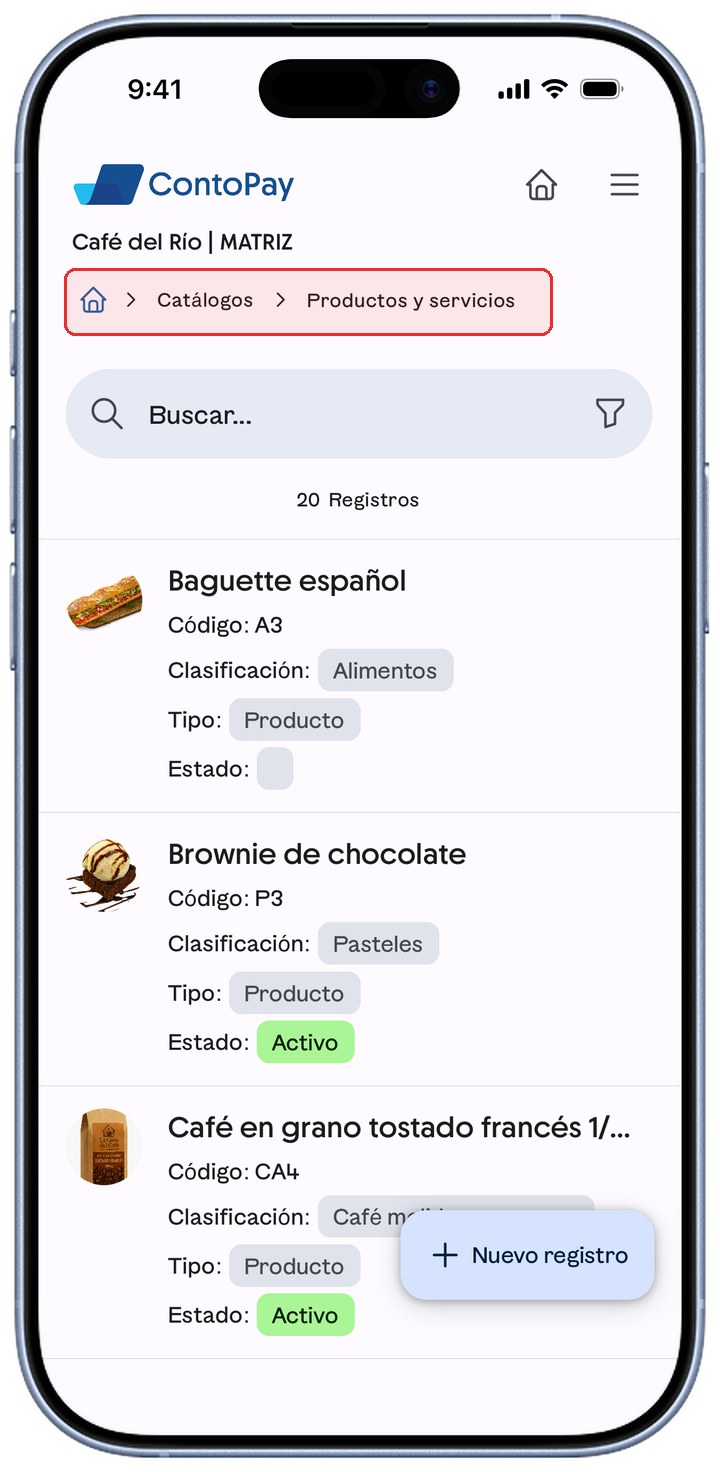 Catálogo Productos y servicios de ContoPay con la migaja resaltada en rojo.