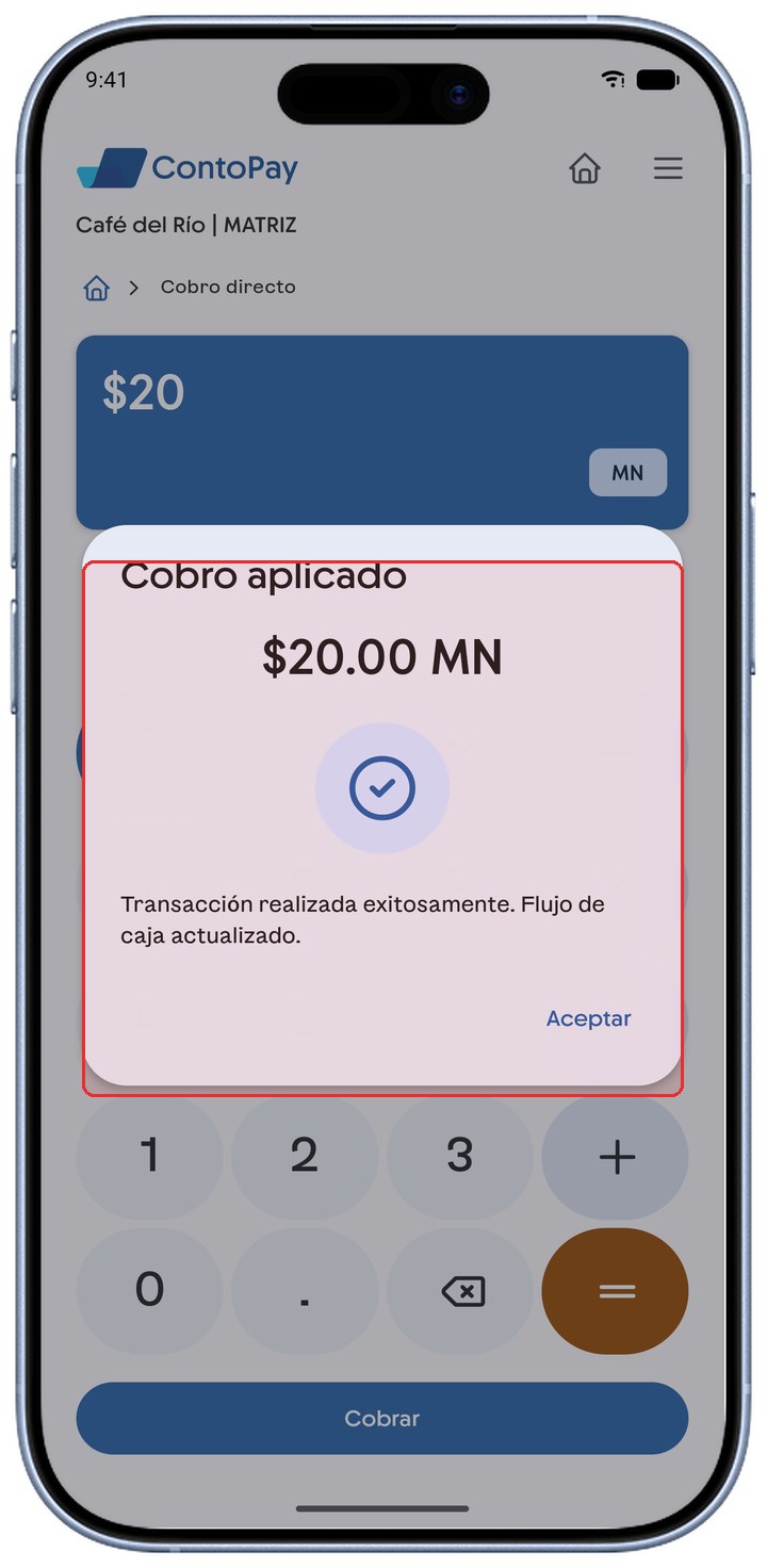 Aviso Cobro aplicado de ContoPay resaltado en rojo.