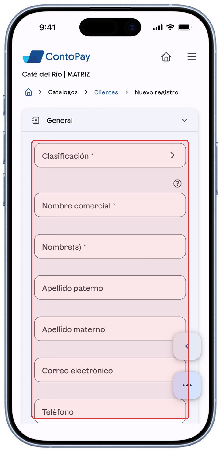 Formulario de cliente de ContoPay con los campos generales resaltados en rojo.