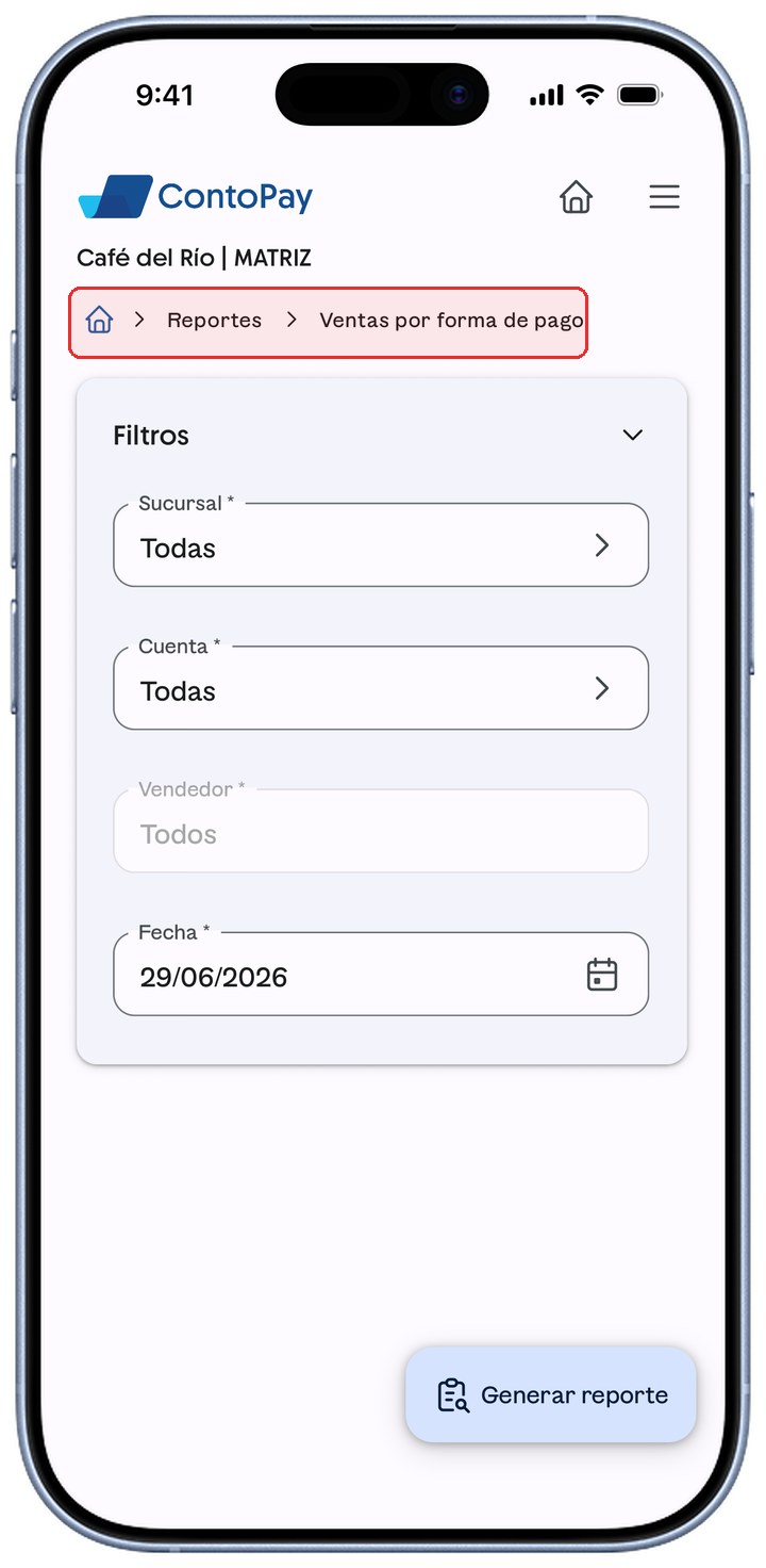 Reporte Ventas por forma de pago de ContoPay con la migaja resaltada en rojo.