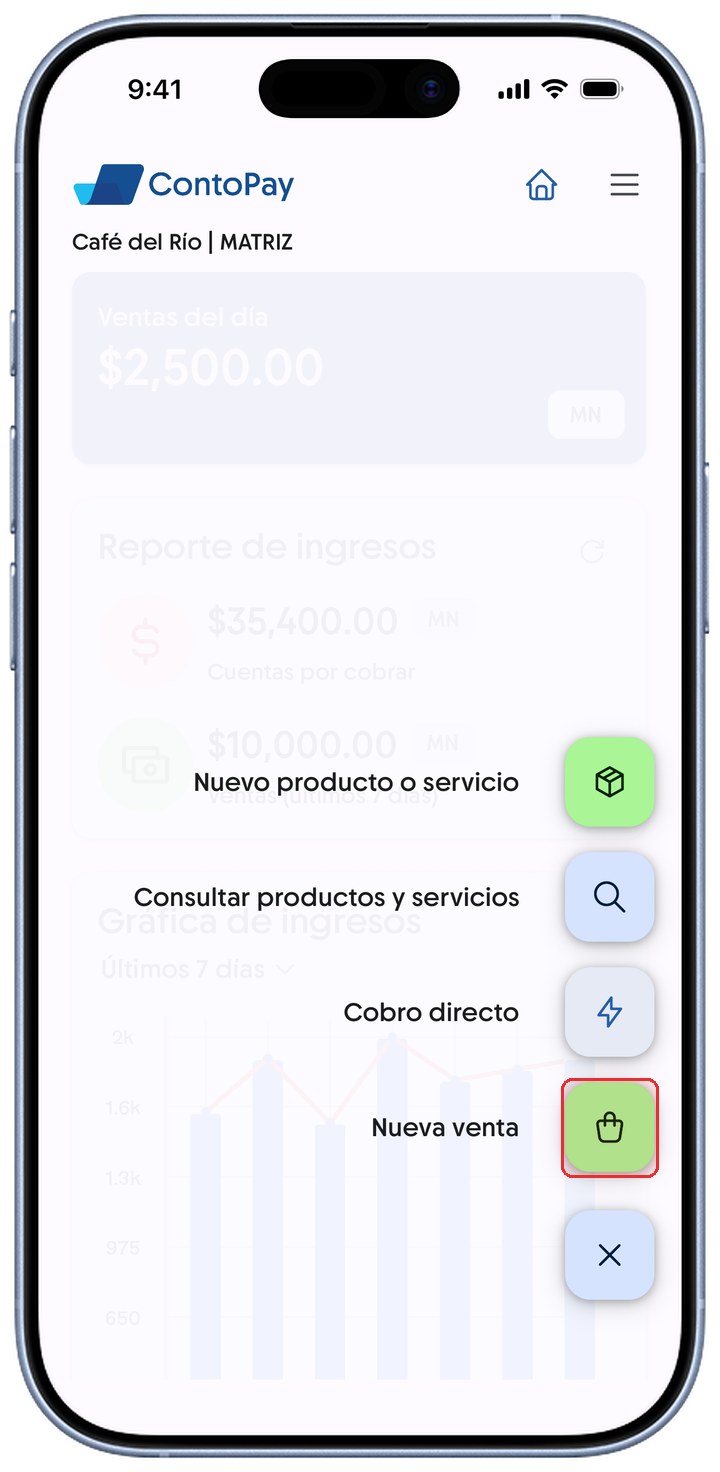 Menú de acciones de ContoPay con la opción Nueva venta resaltada en rojo.