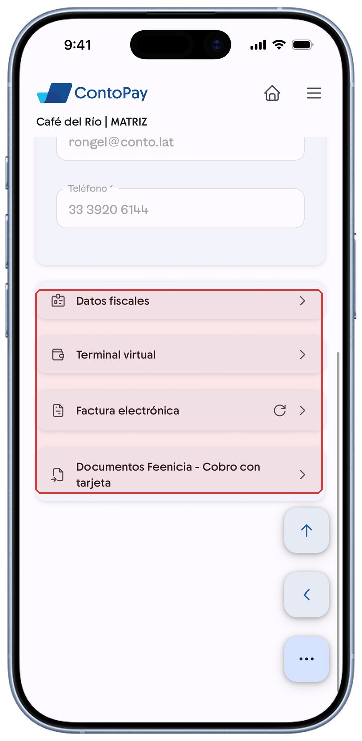 Información de la empresa de ContoPay con las secciones resaltadas en rojo.