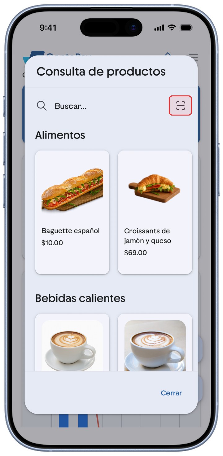 Pantalla Consulta de productos de ContoPay con el ícono de código de barras resaltado en rojo.