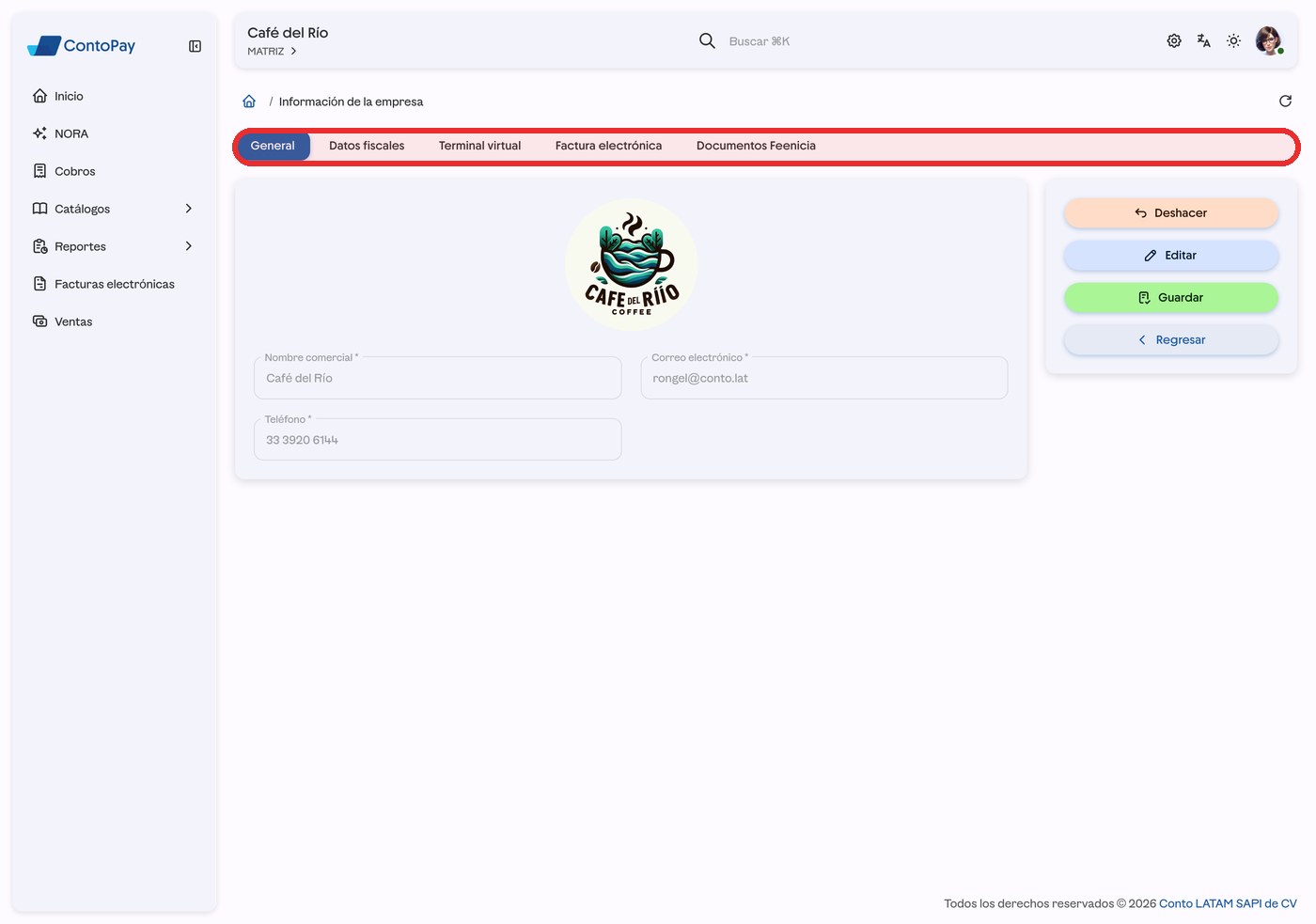 Pantalla Información de la empresa de ContoPay web con las pestañas resaltadas en rojo.