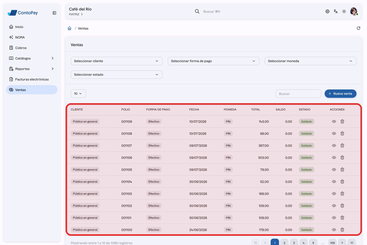 Pantalla Ventas de ContoPay web con la tabla resaltada en rojo.