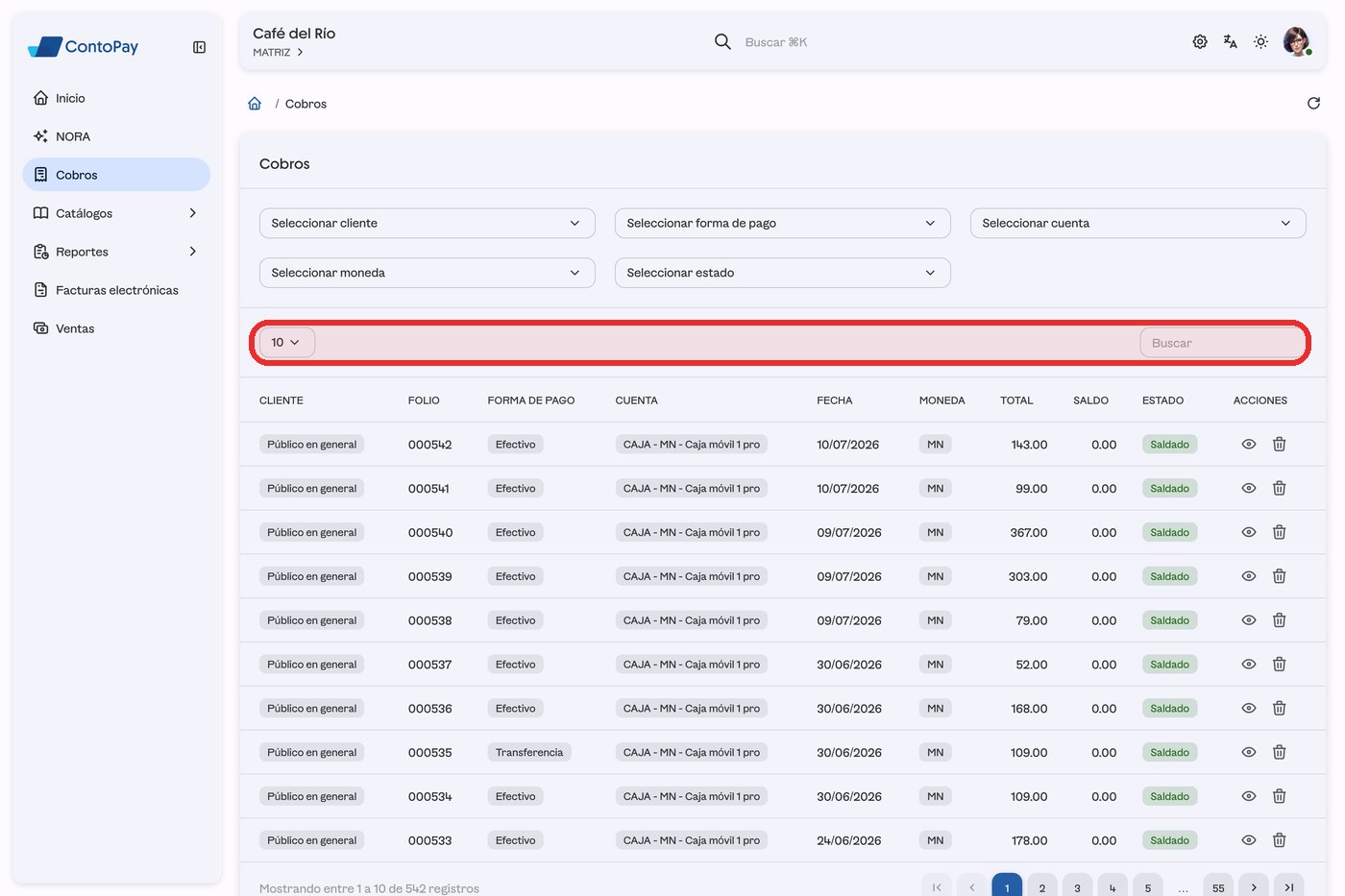 Pantalla Cobros de ContoPay web con el selector de registros y el buscador resaltados en rojo.