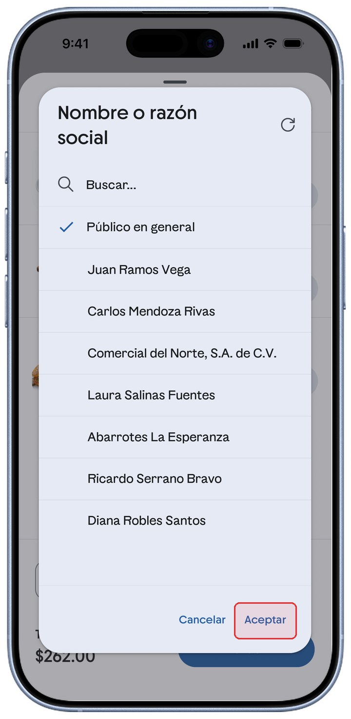 Selector de cliente de ContoPay con el botón Aceptar resaltado en rojo.