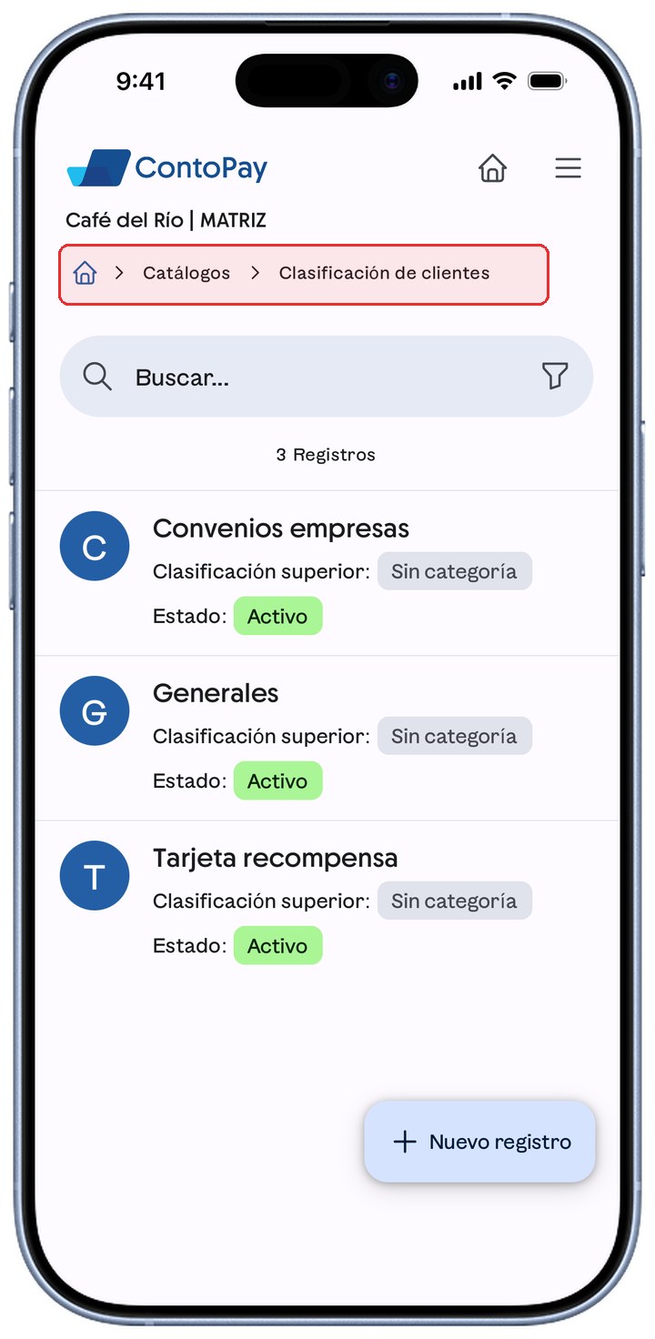 Catálogo Clasificación de clientes de ContoPay con la migaja resaltada en rojo.