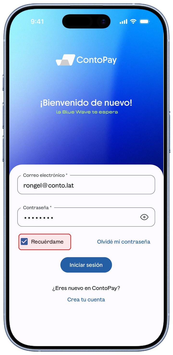 Pantalla de inicio de sesión de ContoPay con la casilla Recuérdame resaltada en rojo.