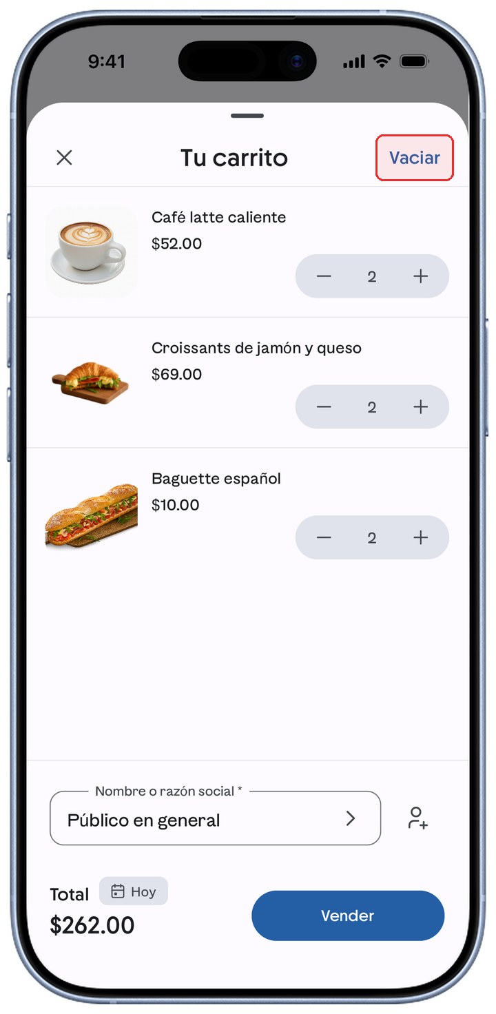 Pantalla Tu carrito de ContoPay con el botón Vaciar resaltado en rojo.