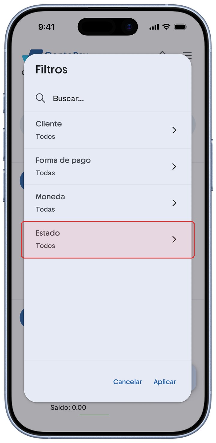 Panel de filtros del listado de Ventas con la fila Estado resaltada en rojo.